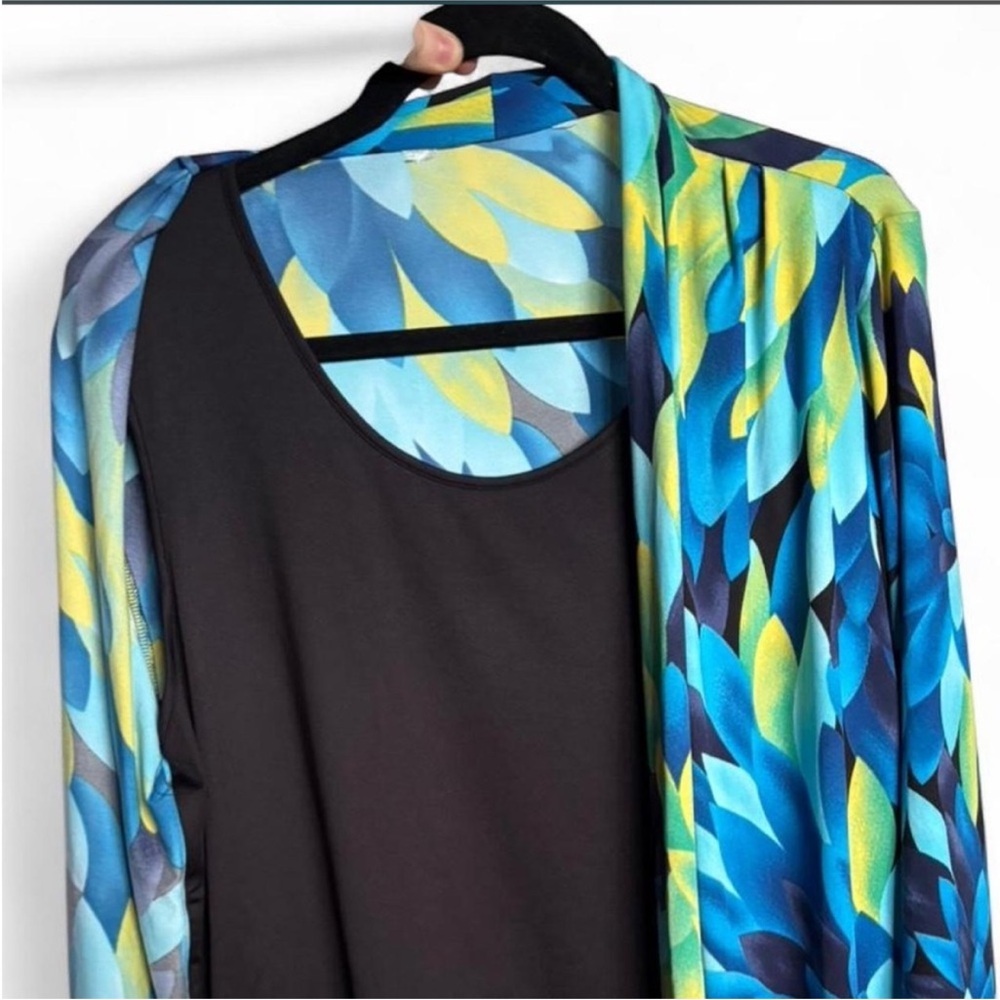 Blue & Green Feather-Print Tie-Front 2-In-1 Blouse - Picture 6 of 8
